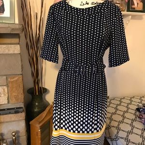 Navy and white polka dot belted dress